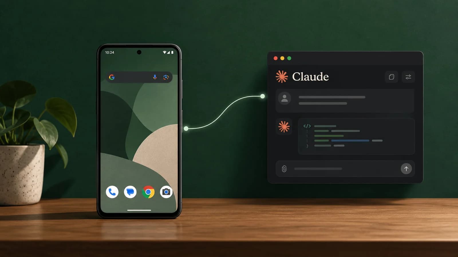 An Android phone on a desk linked to a Claude window showing code