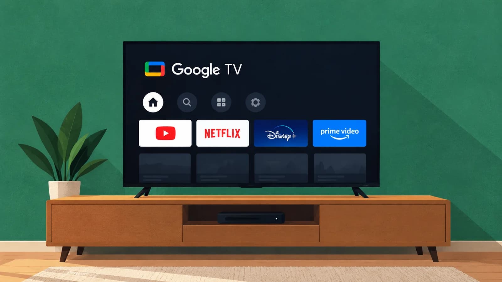 A Google TV home screen on a TV standing on a wooden media unit