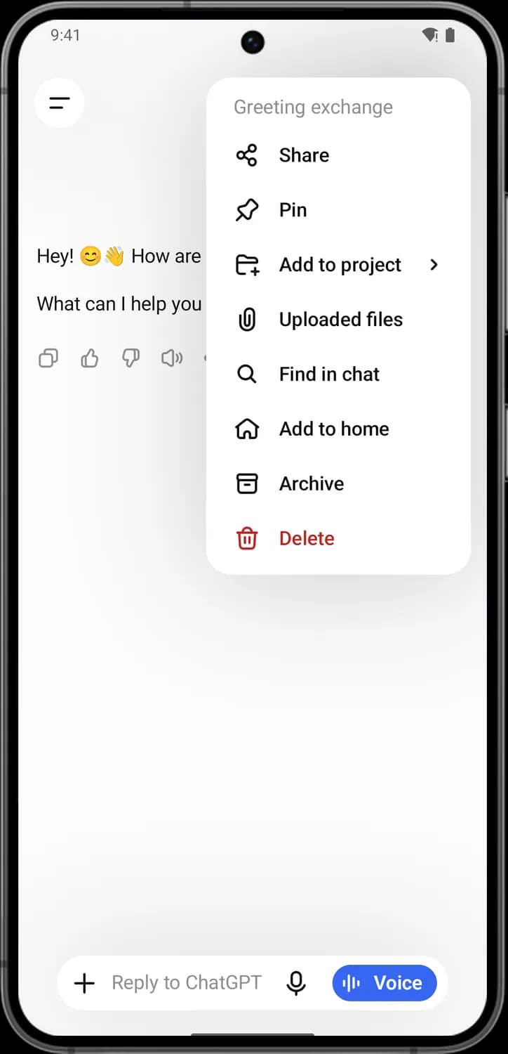 ChatGPT chat menu screen with each icon numbered, screen 2 of 2