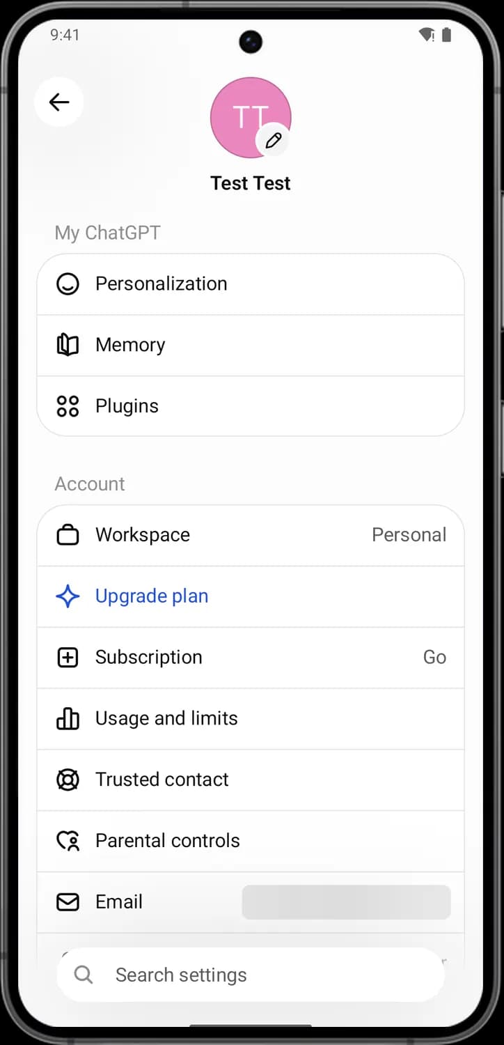 ChatGPT settings screen with each icon numbered, screen 1 of 5