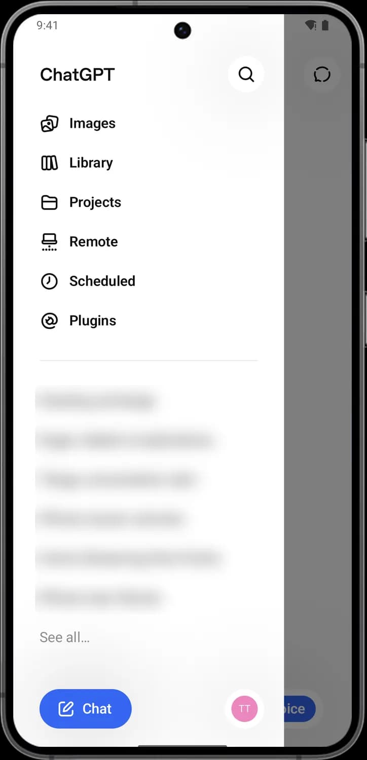 ChatGPT side menu screen with each icon numbered, screen 2 of 2