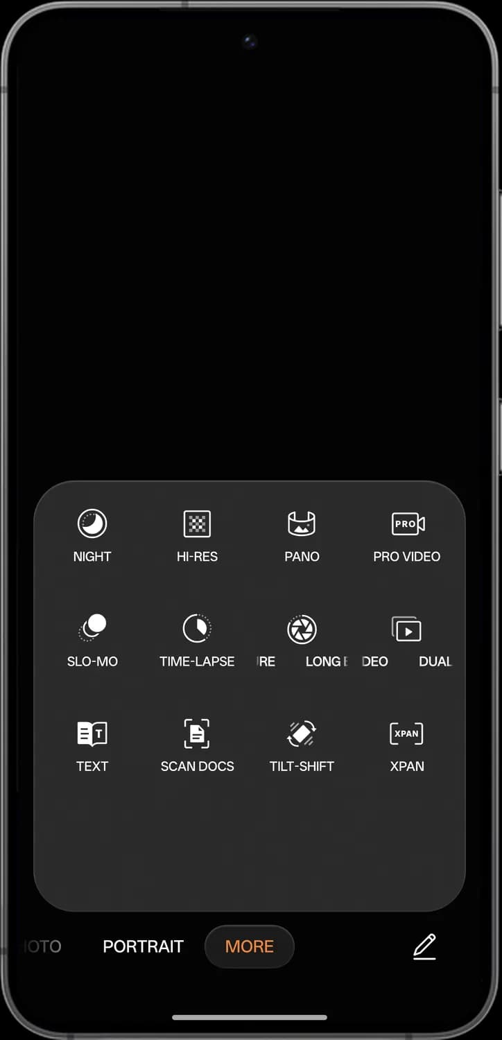 ColorOS 17 camera more modes screen with each icon numbered, screen 1 of 2