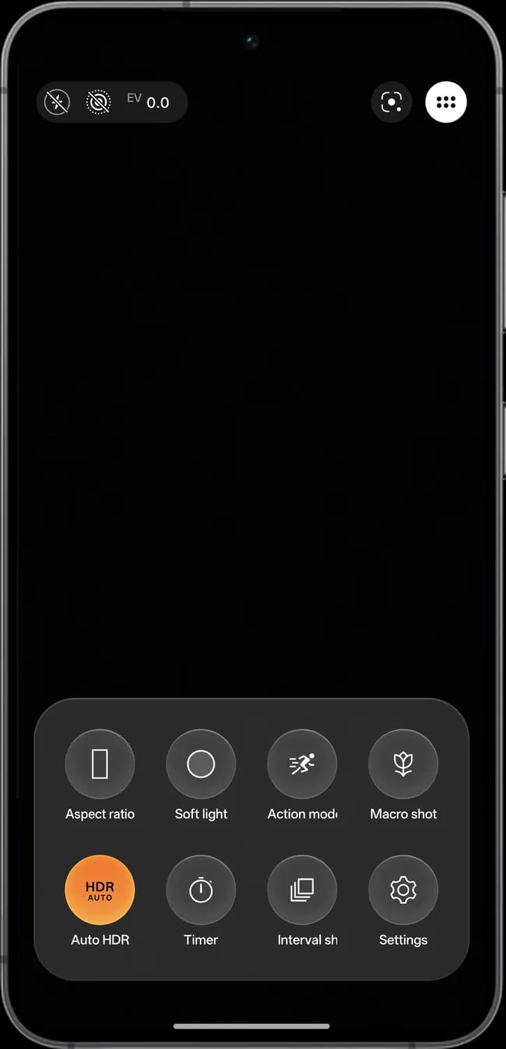 ColorOS 17 camera quick settings screen with each icon numbered
