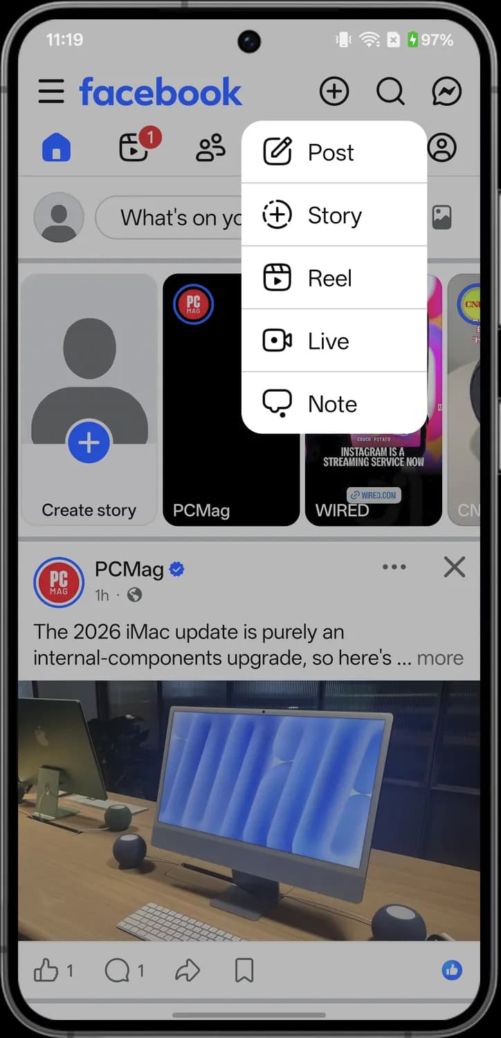 Facebook creating a post screen with each icon numbered, screen 1 of 3
