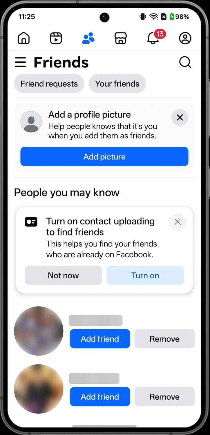 Facebook friends screen with each icon numbered, screen 2 of 2