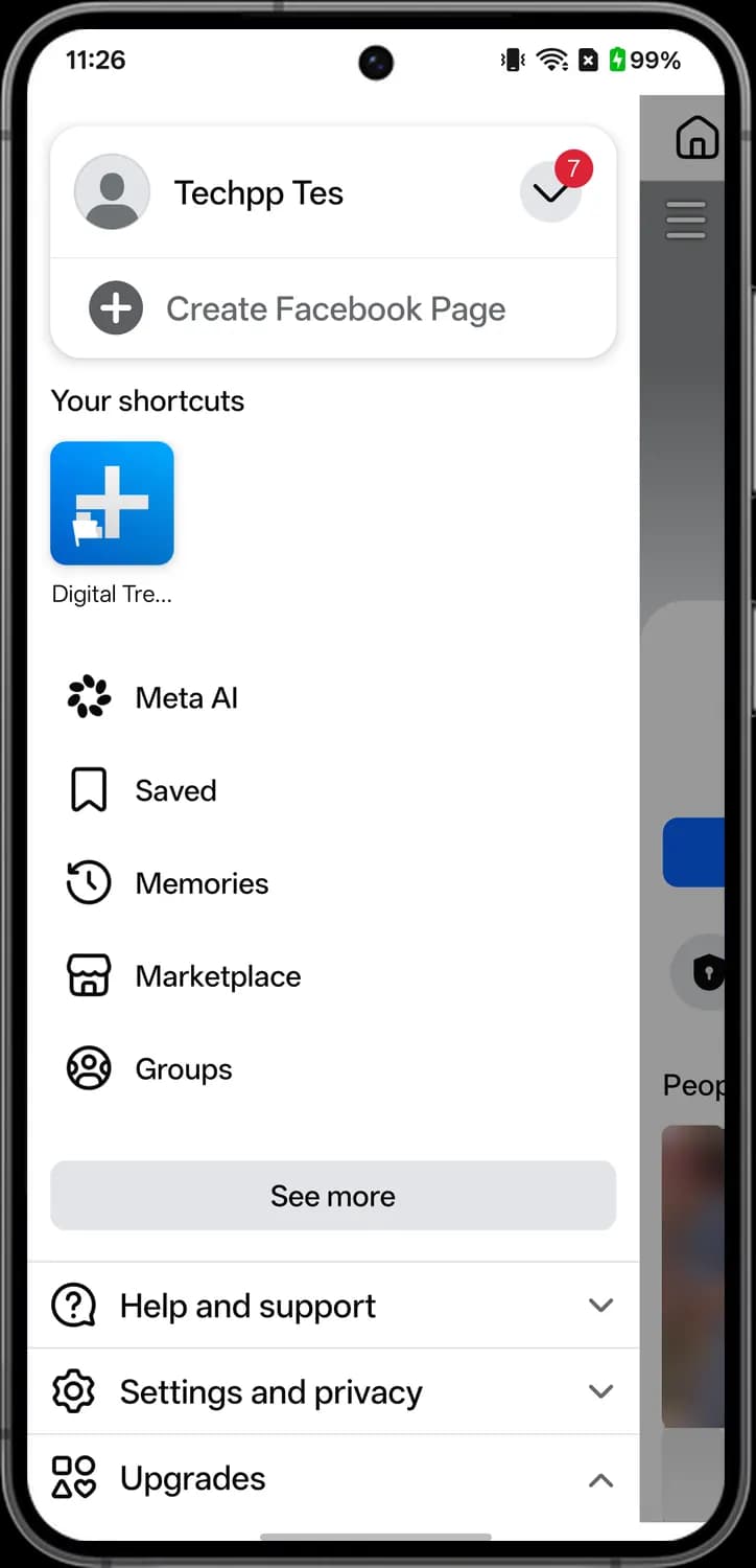 Facebook menu screen with each icon numbered, screen 1 of 7