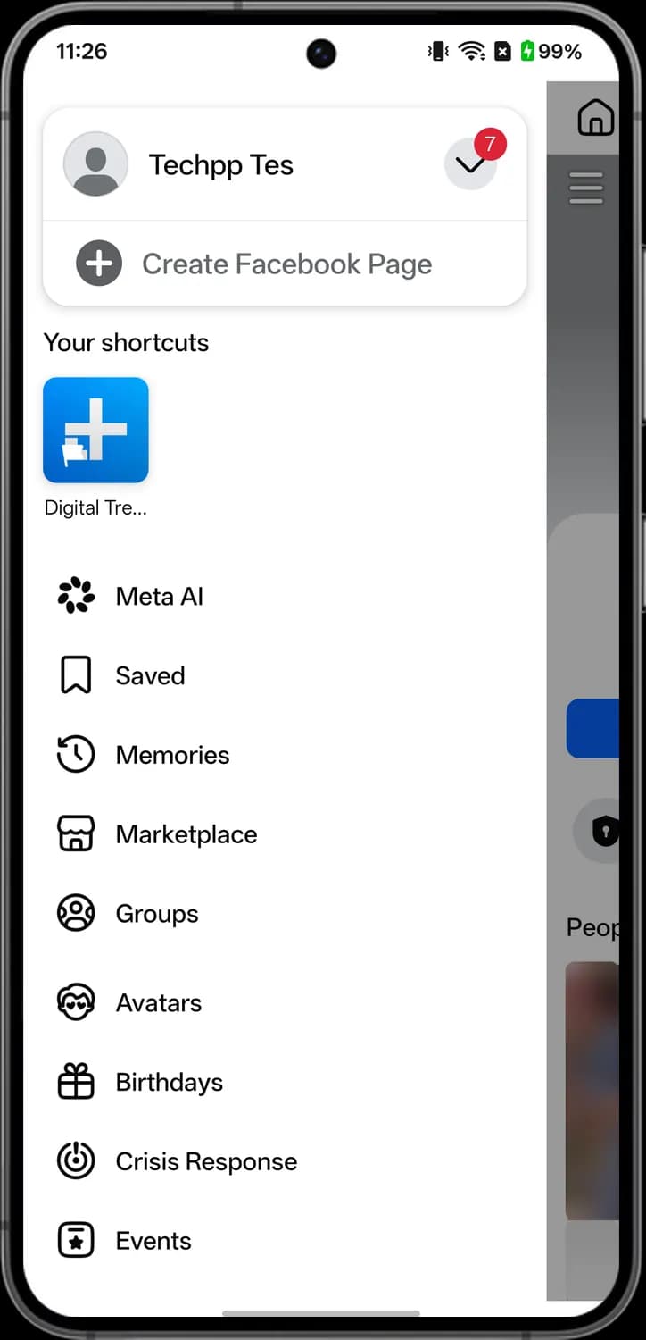 Facebook menu screen with each icon numbered, screen 3 of 7