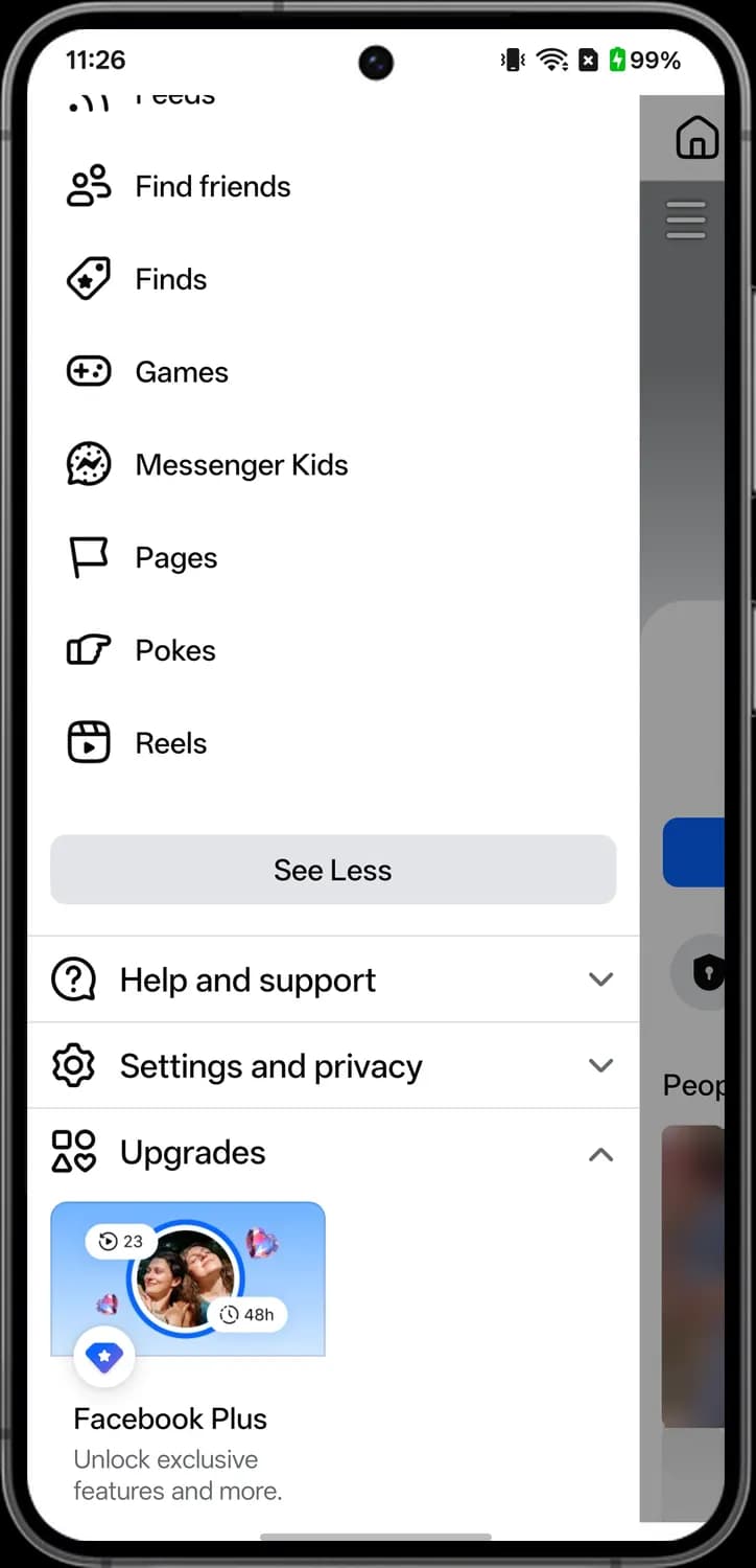 Facebook menu screen with each icon numbered, screen 4 of 7