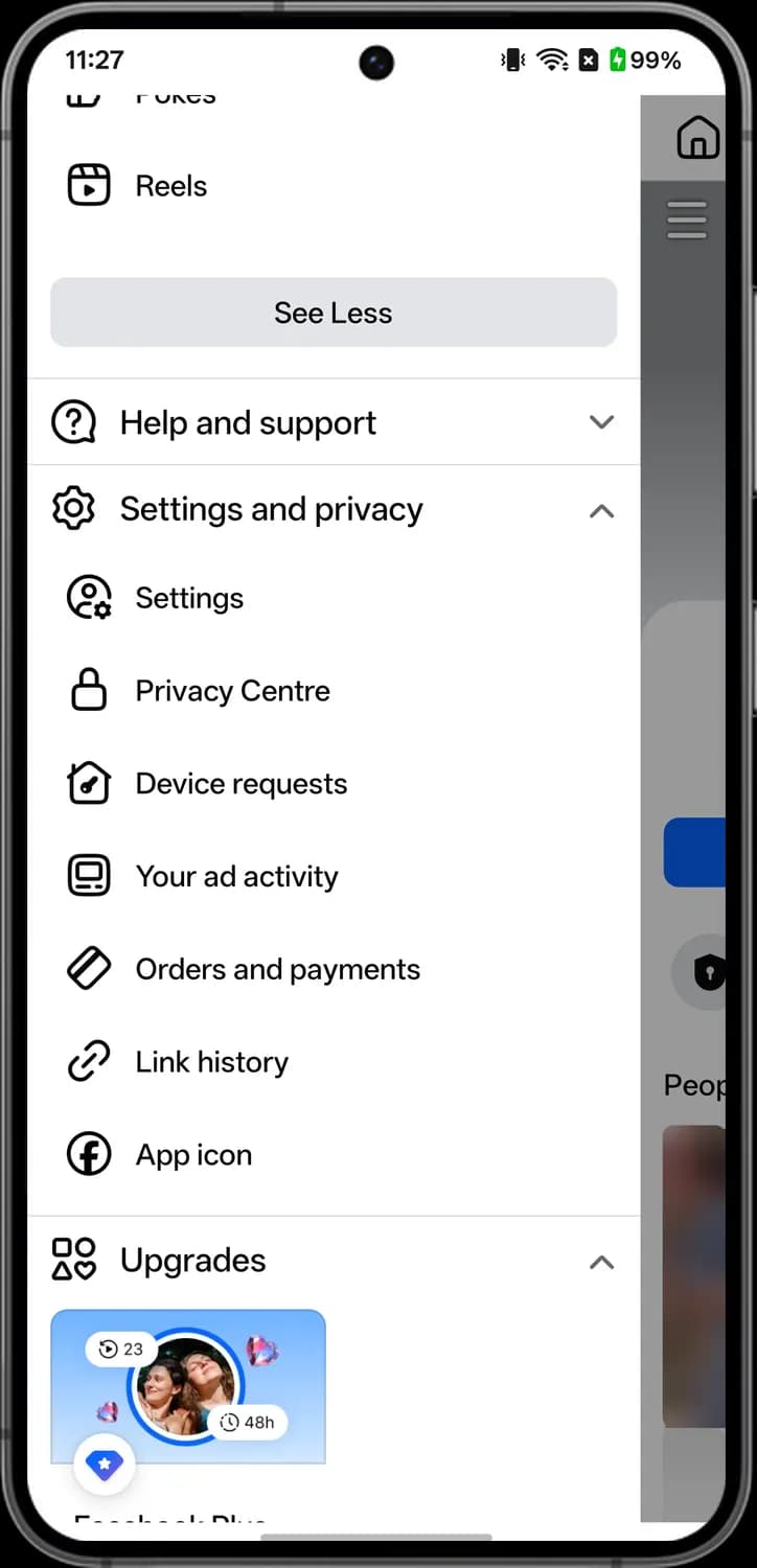 Facebook menu screen with each icon numbered, screen 5 of 7