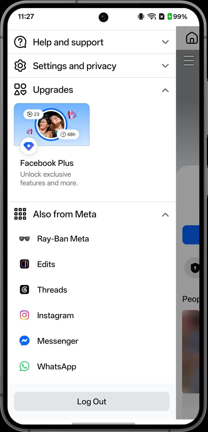 Facebook menu screen with each icon numbered, screen 6 of 7
