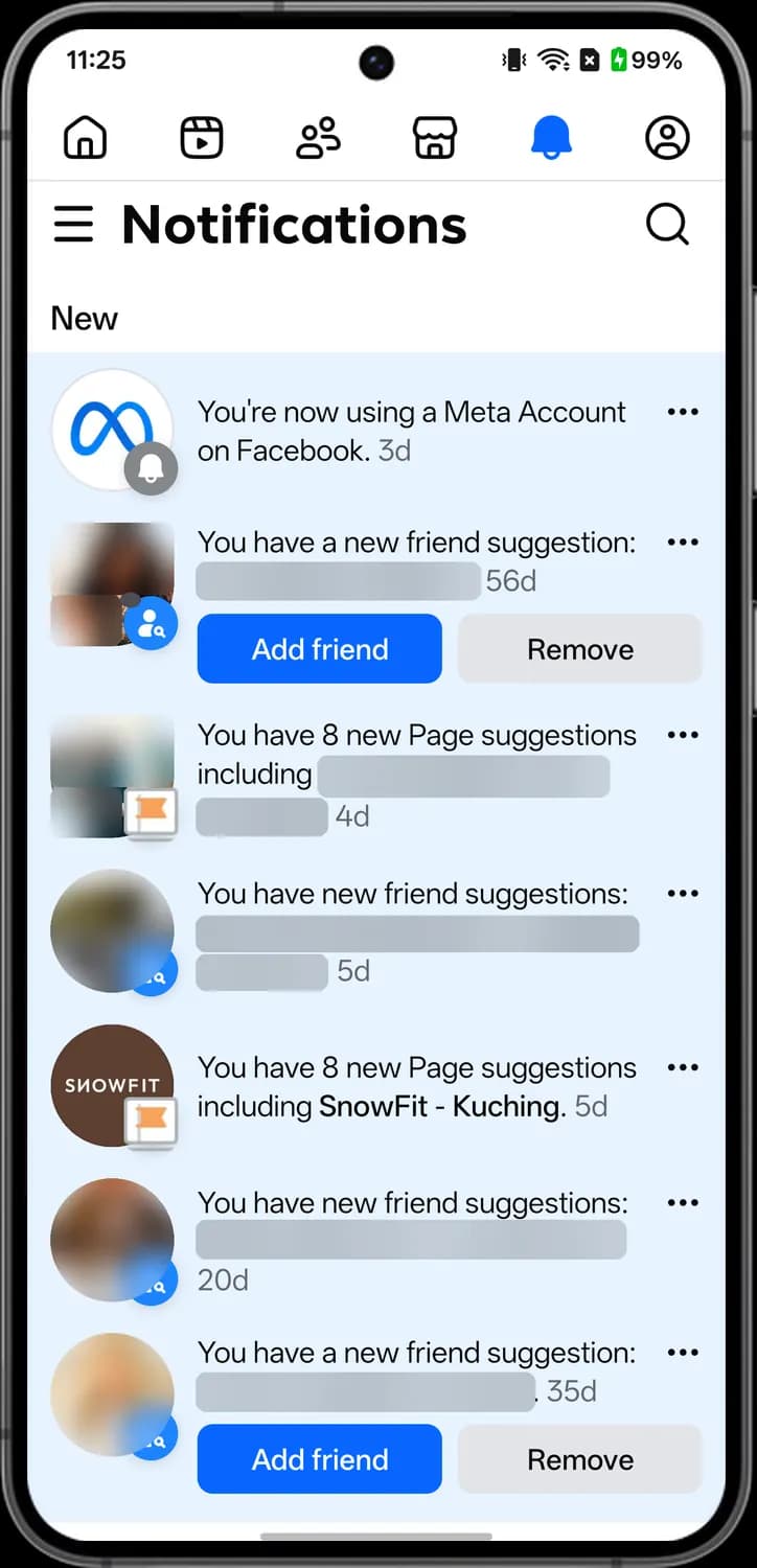 Facebook notifications screen with each icon numbered, screen 2 of 2