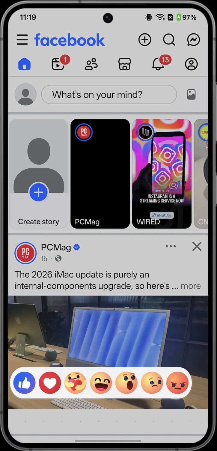 Facebook posts, reactions and sharing screen with each icon numbered, screen 1 of 6