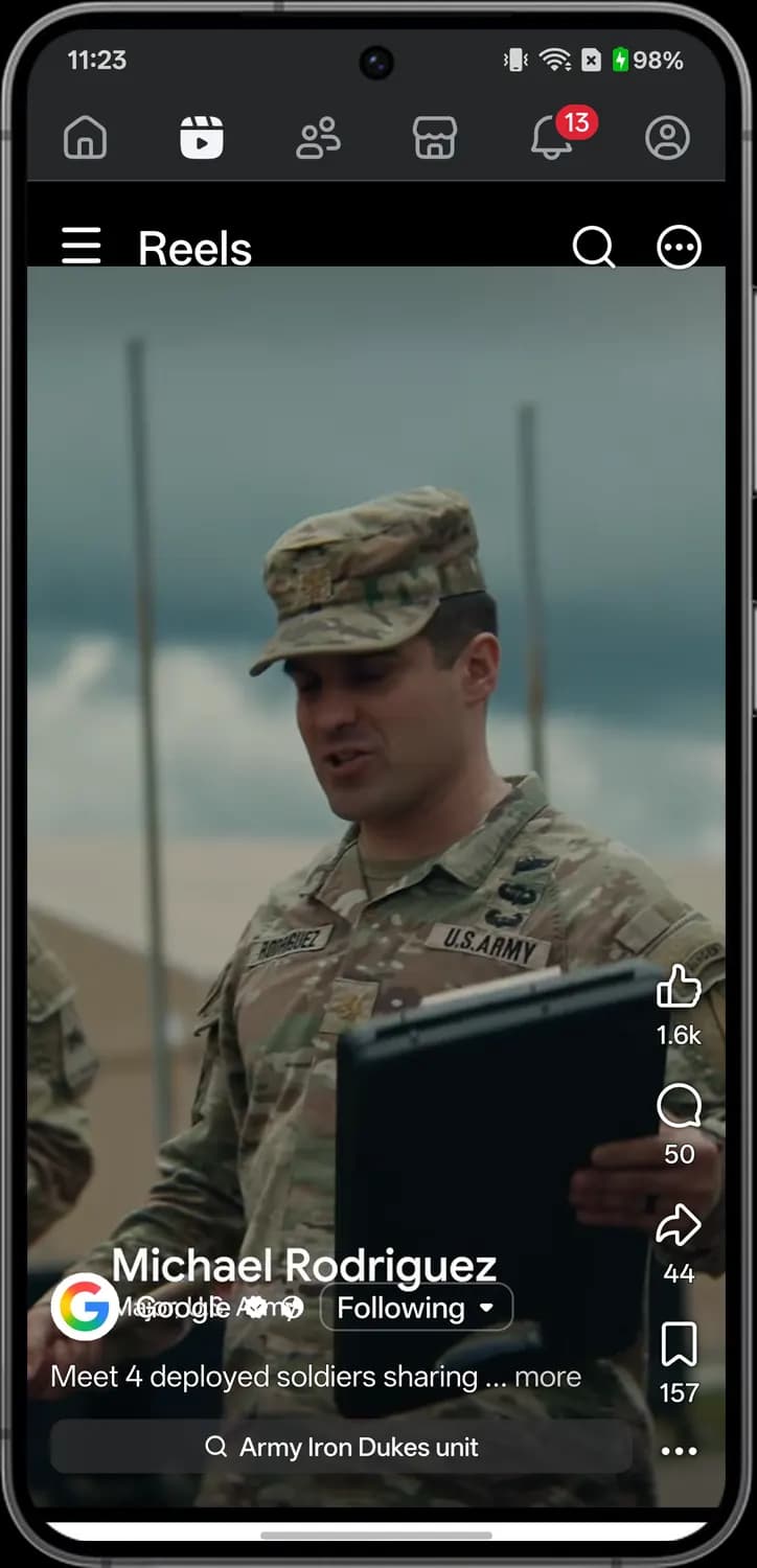 Facebook reels screen with each icon numbered, screen 2 of 3