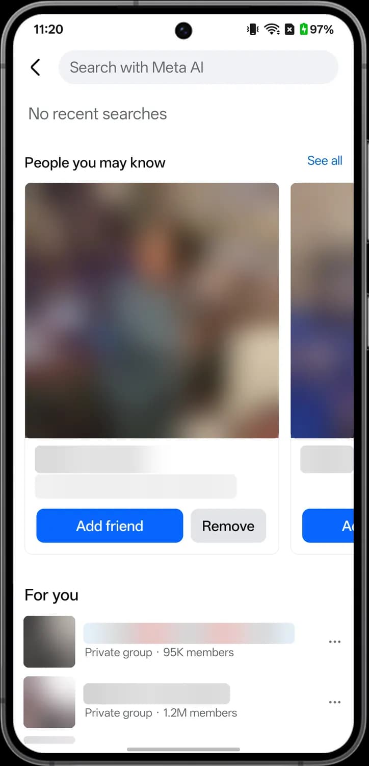 Facebook search screen with each icon numbered, screen 1 of 3