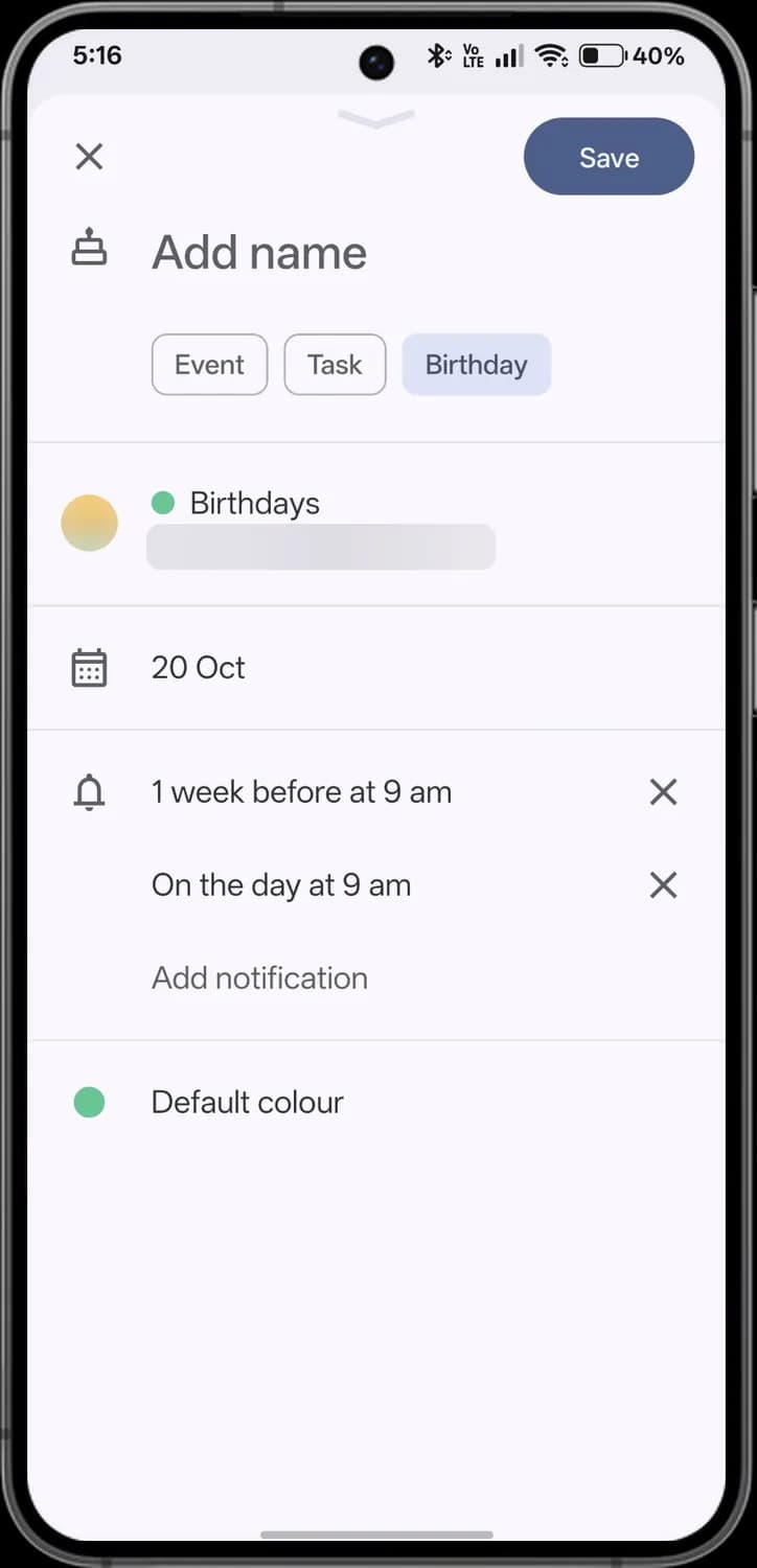 Google Calendar new birthday screen with each icon numbered
