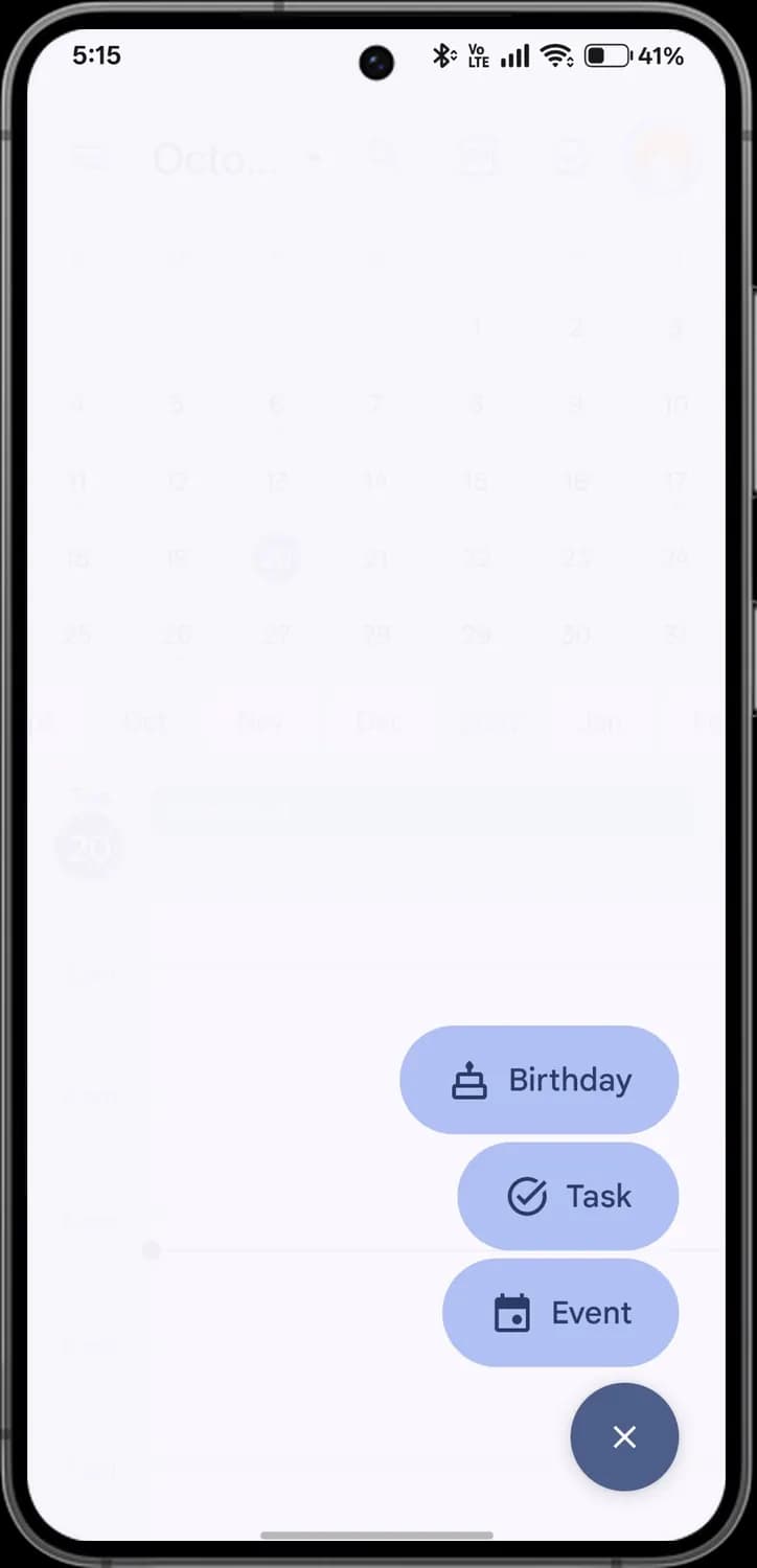 Google Calendar create button screen with each icon numbered