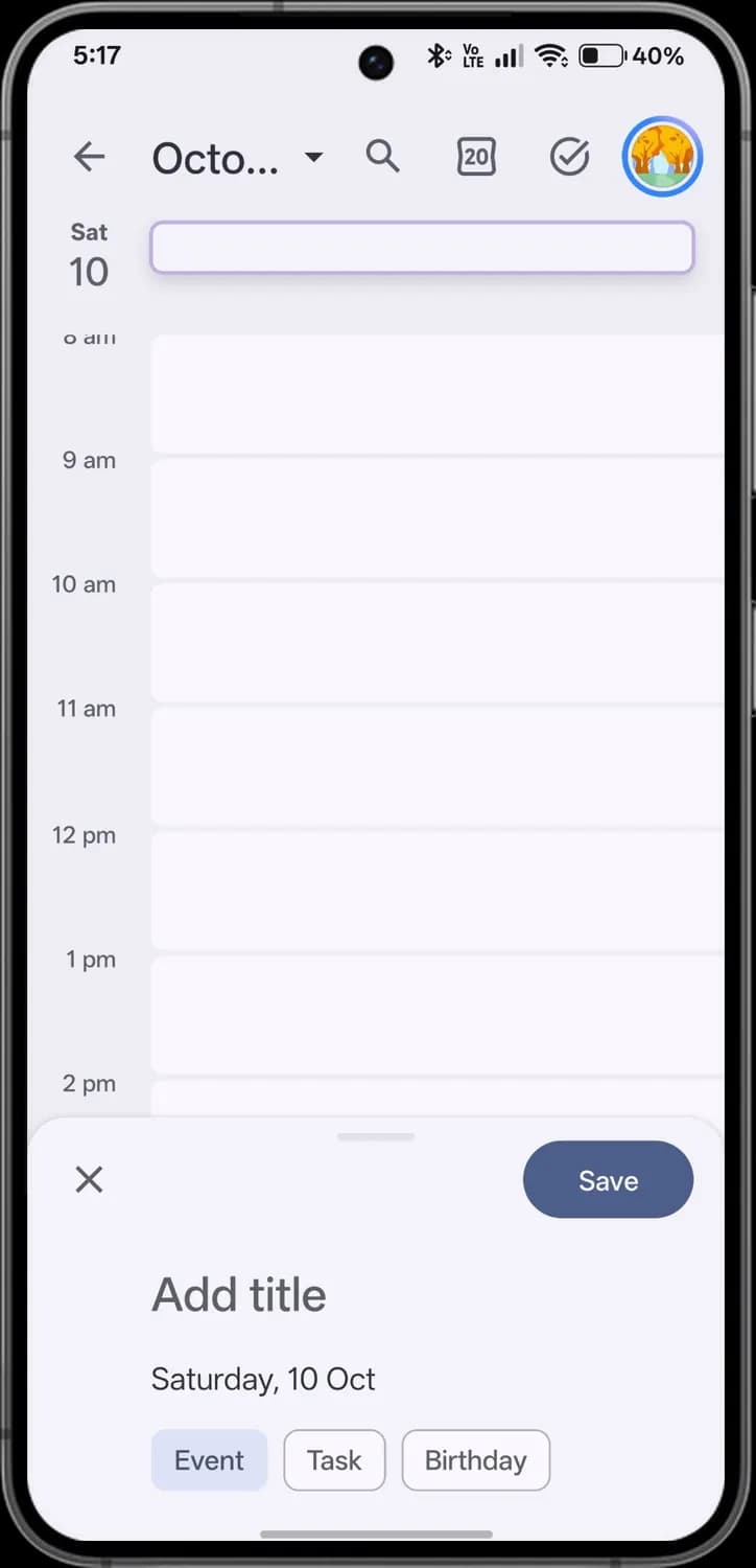 Google Calendar new event screen with each icon numbered, screen 1 of 4