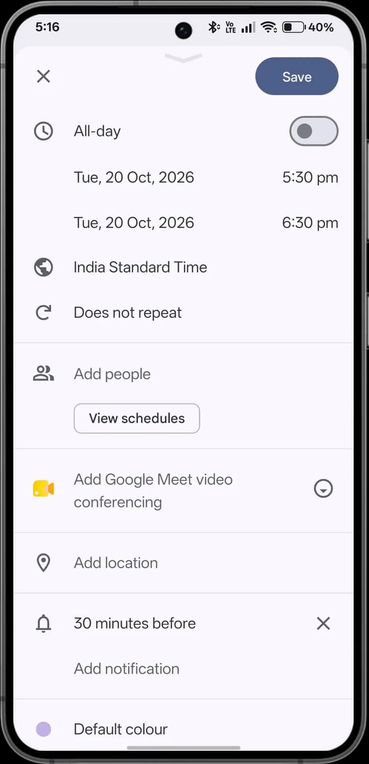 Google Calendar new event screen with each icon numbered, screen 2 of 4