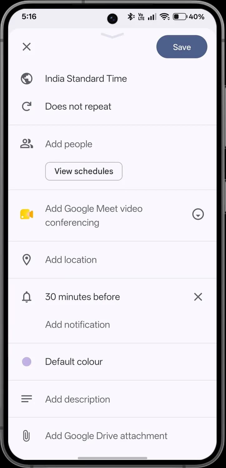 Google Calendar new event screen with each icon numbered, screen 4 of 4
