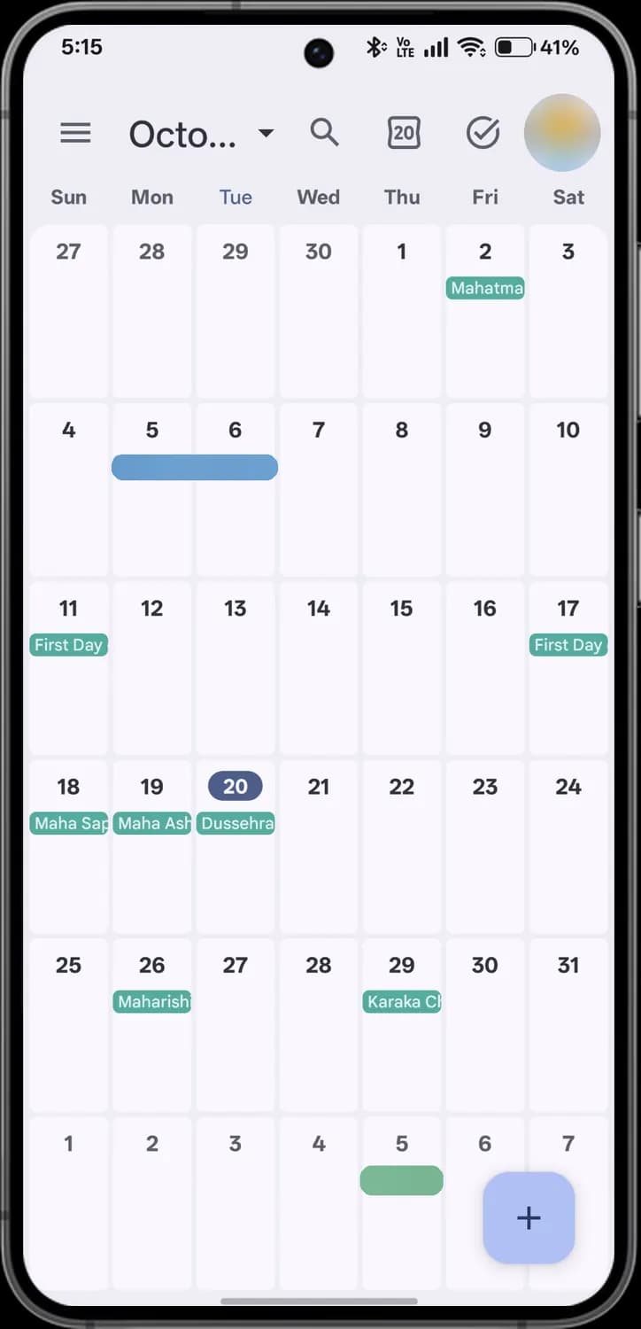 Google Calendar calendar home screen with each icon numbered, screen 2 of 2