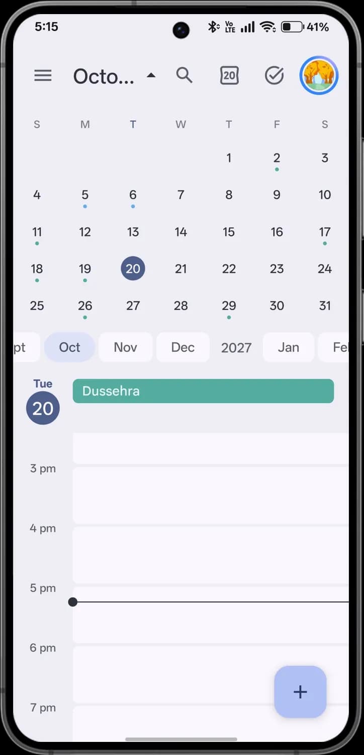 Google Calendar month picker and day view screen with each icon numbered