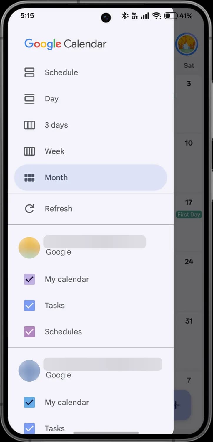 Google Calendar side menu screen with each icon numbered, screen 2 of 3