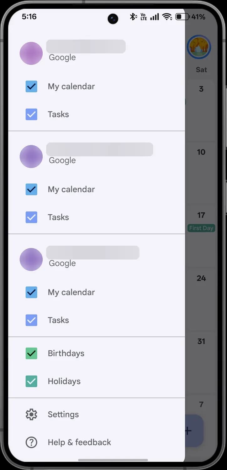 Google Calendar side menu screen with each icon numbered, screen 3 of 3