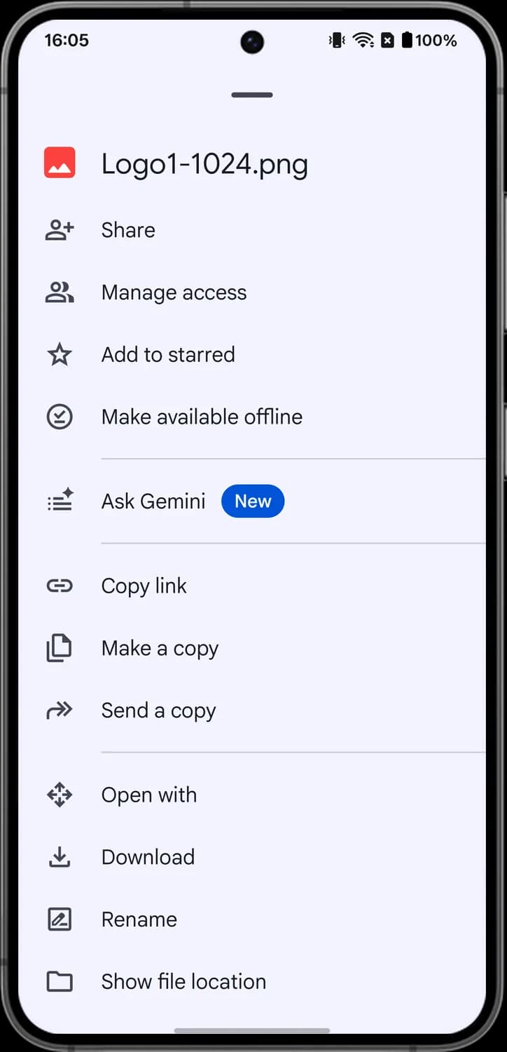 Google Drive the file menu (three dots) screen with each icon numbered, screen 2 of 3