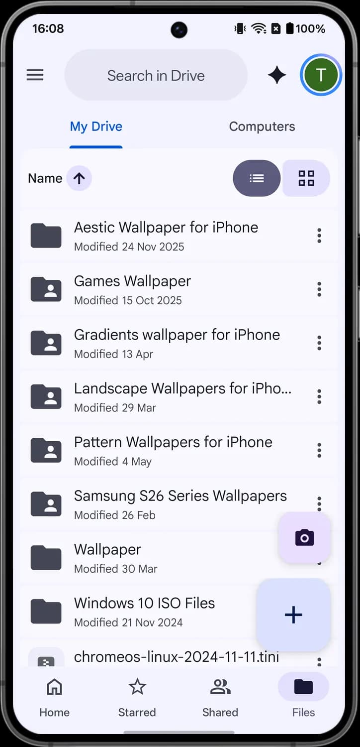 Google Drive files tab and folders screen with each icon numbered, screen 2 of 5