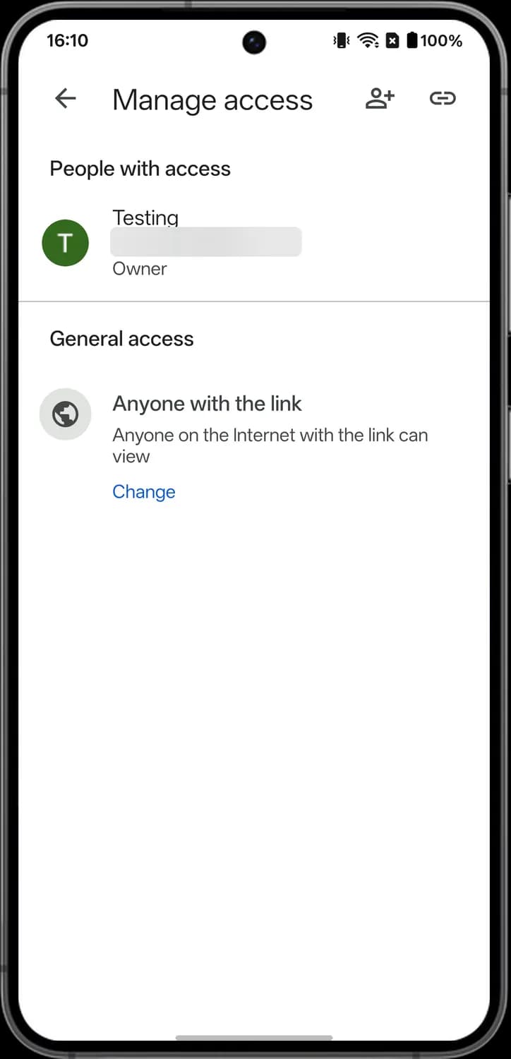Google Drive sharing and access screen with each icon numbered, screen 1 of 2