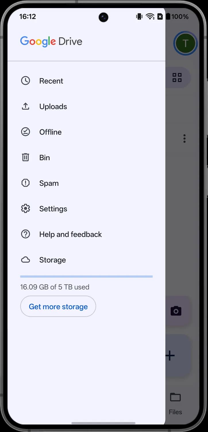 Google Drive side menu screen with each icon numbered, screen 1 of 2