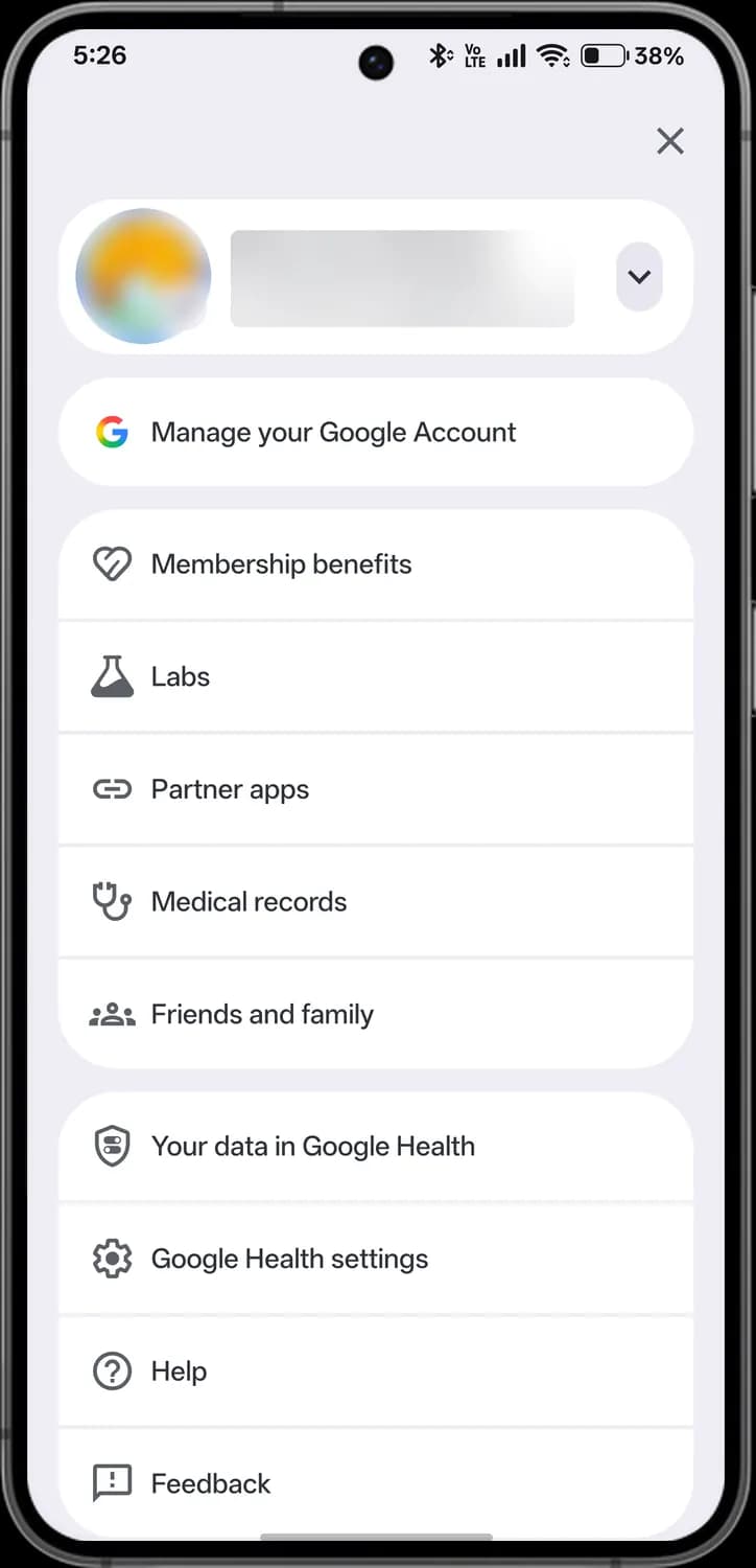 Google Health app account menu screen with each icon numbered, screen 1 of 2