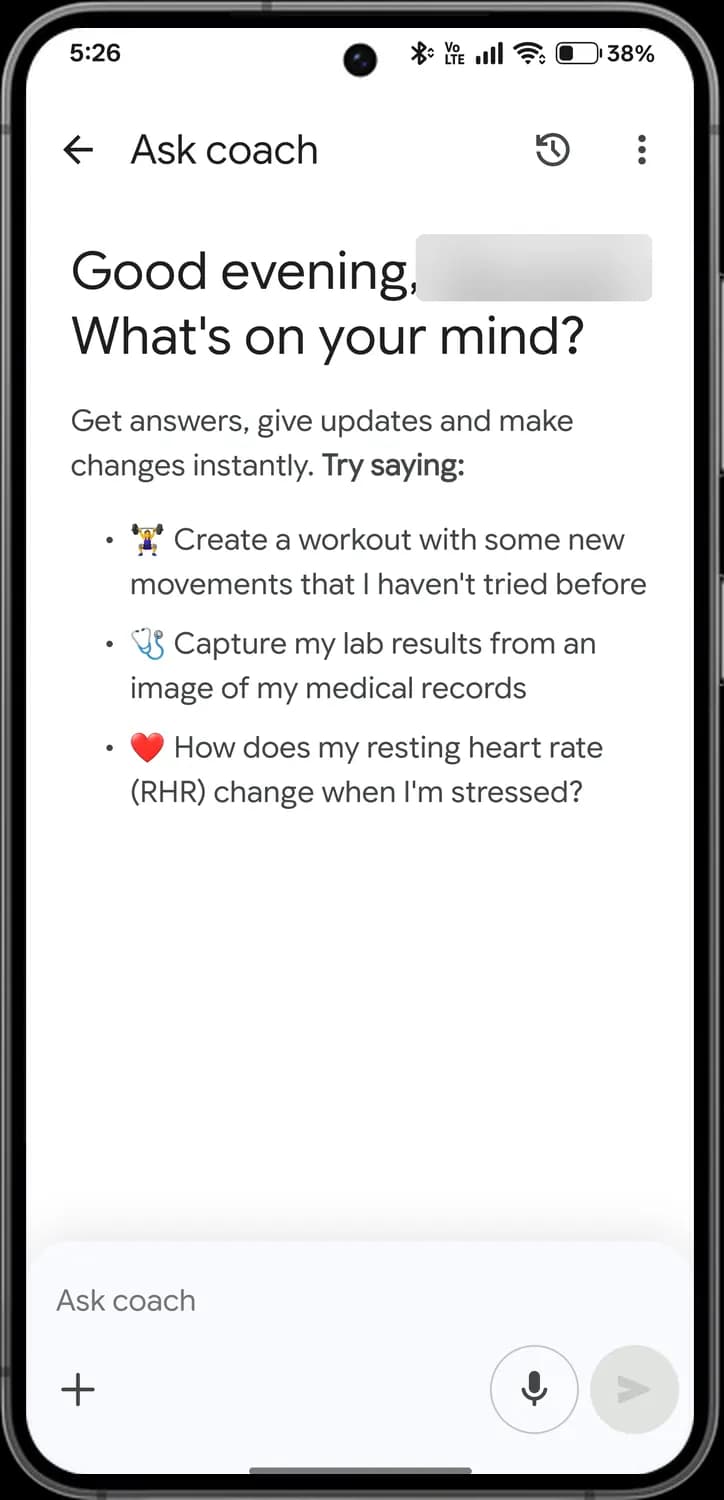 Google Health app ask coach screen with each icon numbered, screen 1 of 2