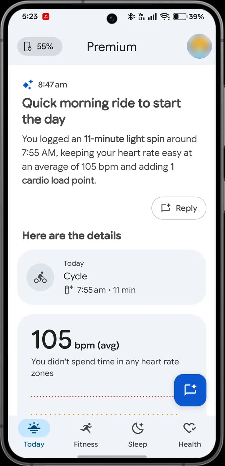 Google Health app coach updates screen with each icon numbered, screen 1 of 3