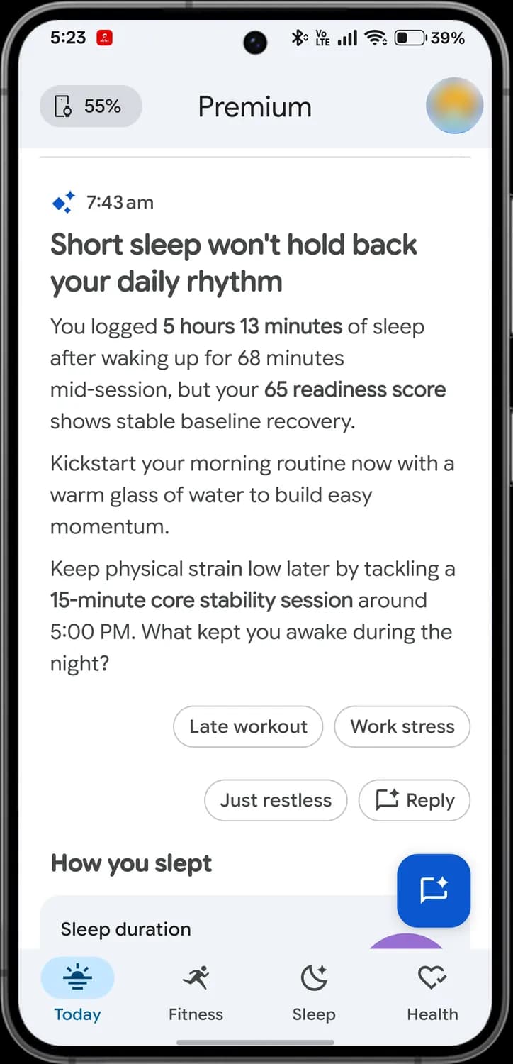 Google Health app coach updates screen with each icon numbered, screen 3 of 3