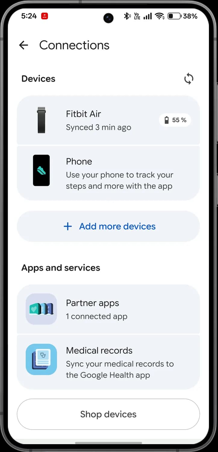 Google Health app connections screen with each icon numbered, screen 1 of 2