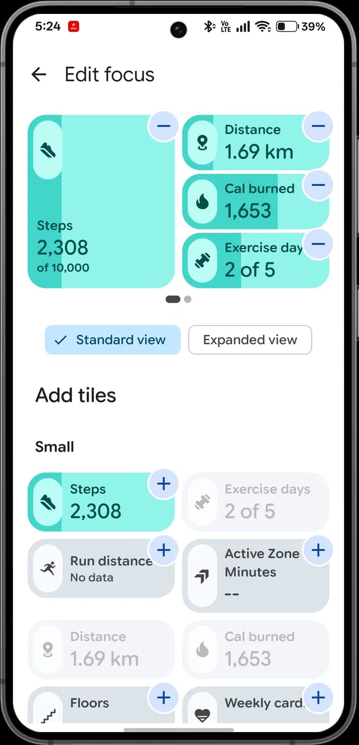 Google Health app editing your tiles screen with each icon numbered, screen 1 of 5