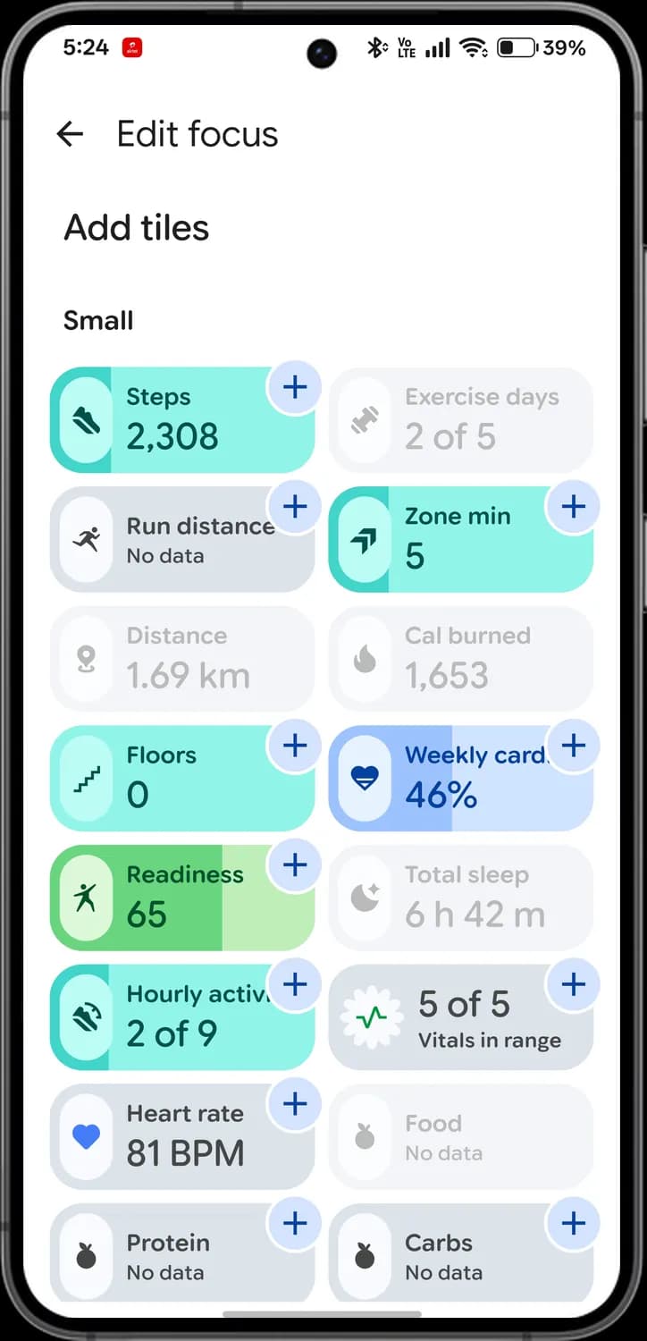 Google Health app editing your tiles screen with each icon numbered, screen 2 of 5