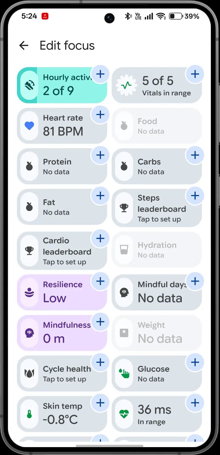 Google Health app editing your tiles screen with each icon numbered, screen 4 of 5