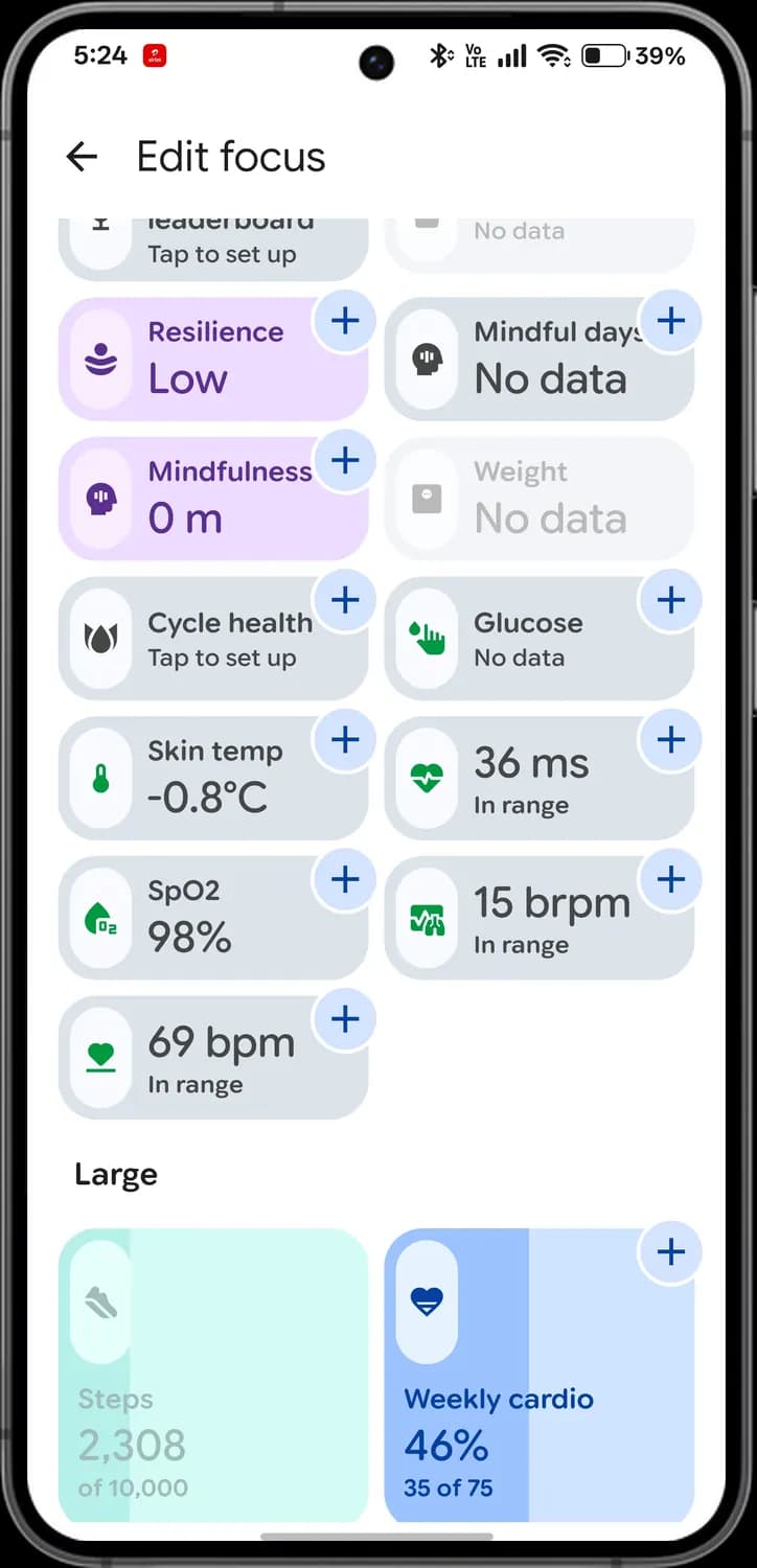 Google Health app editing your tiles screen with each icon numbered, screen 5 of 5