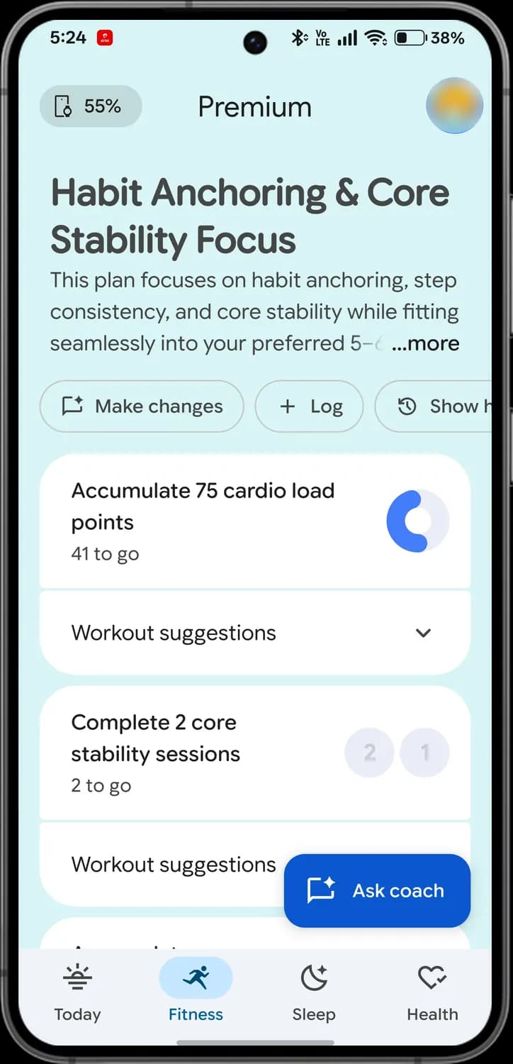 Google Health app fitness tab screen with each icon numbered, screen 1 of 4
