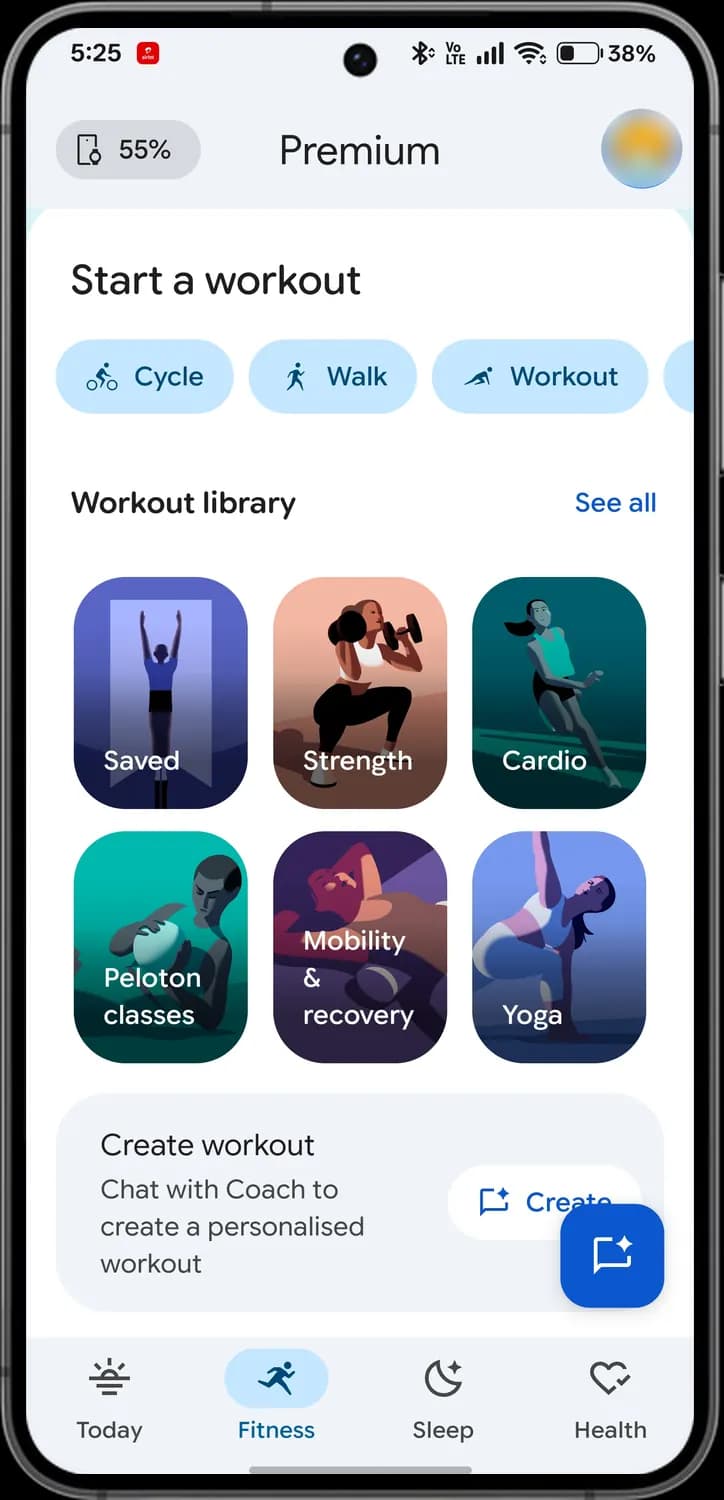 Google Health app fitness tab screen with each icon numbered, screen 2 of 4