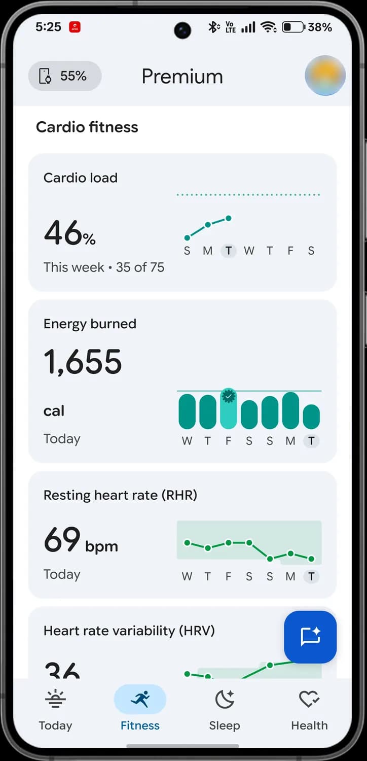 Google Health app fitness metrics screen with each icon numbered, screen 1 of 3