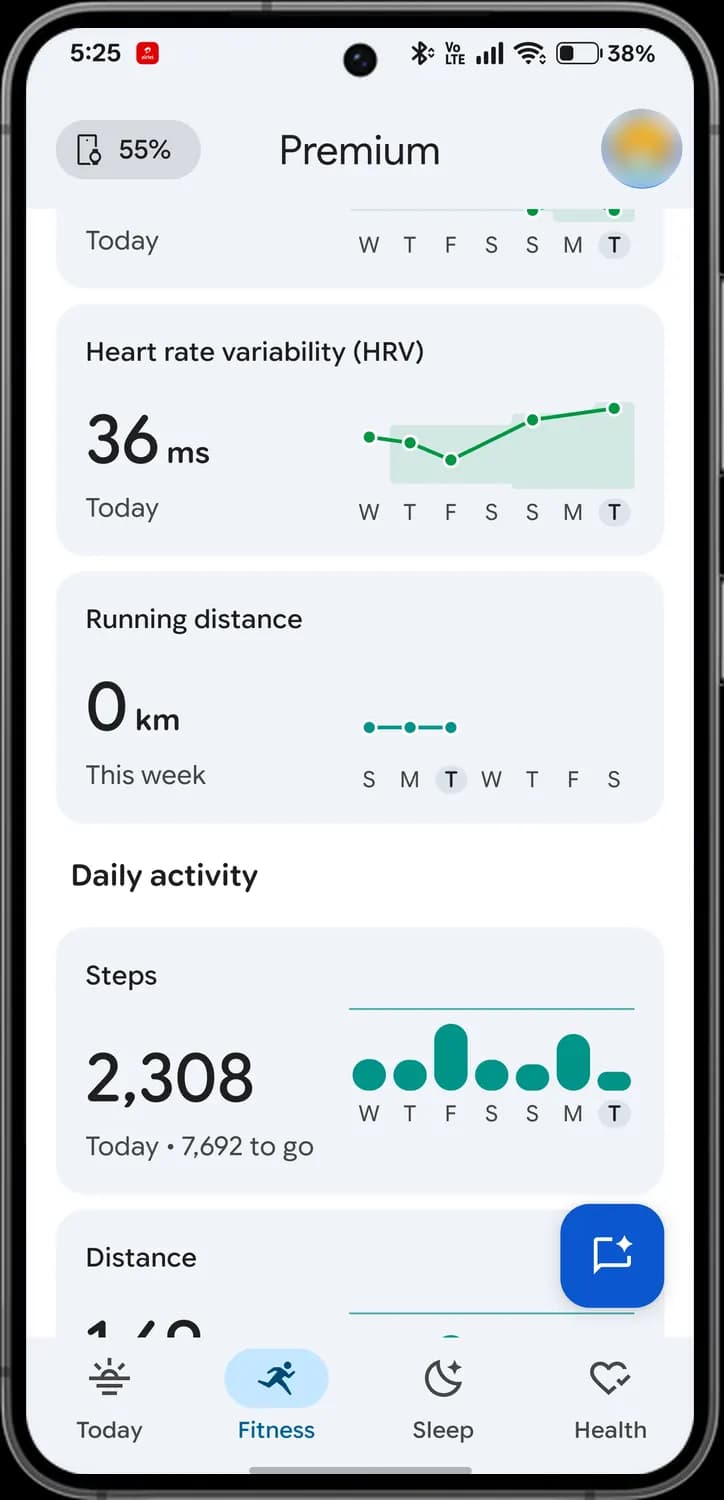 Google Health app fitness metrics screen with each icon numbered, screen 2 of 3