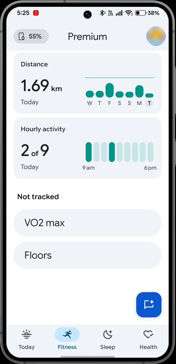 Google Health app fitness metrics screen with each icon numbered, screen 3 of 3
