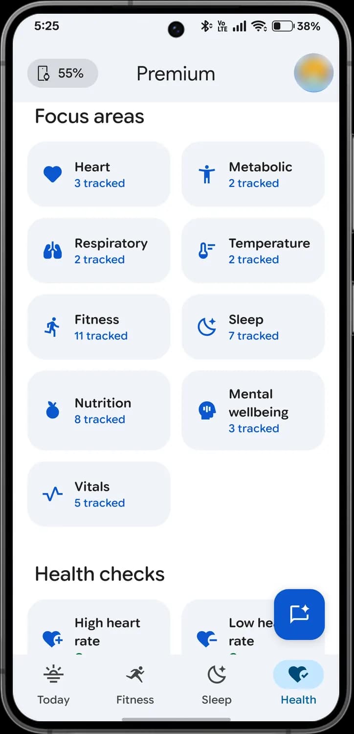 Google Health app focus areas and health checks screen with each icon numbered, screen 1 of 3