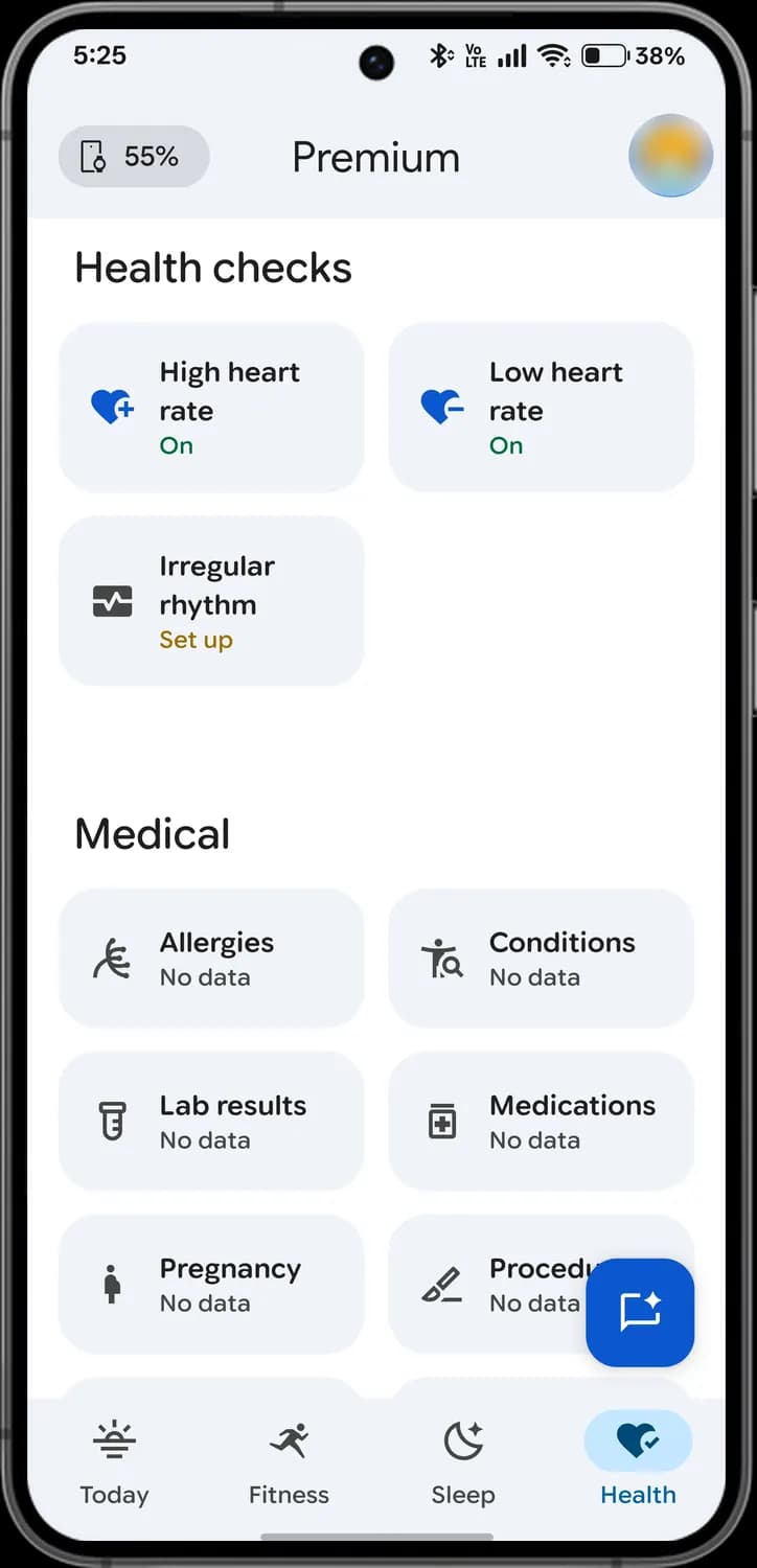Google Health app focus areas and health checks screen with each icon numbered, screen 3 of 3