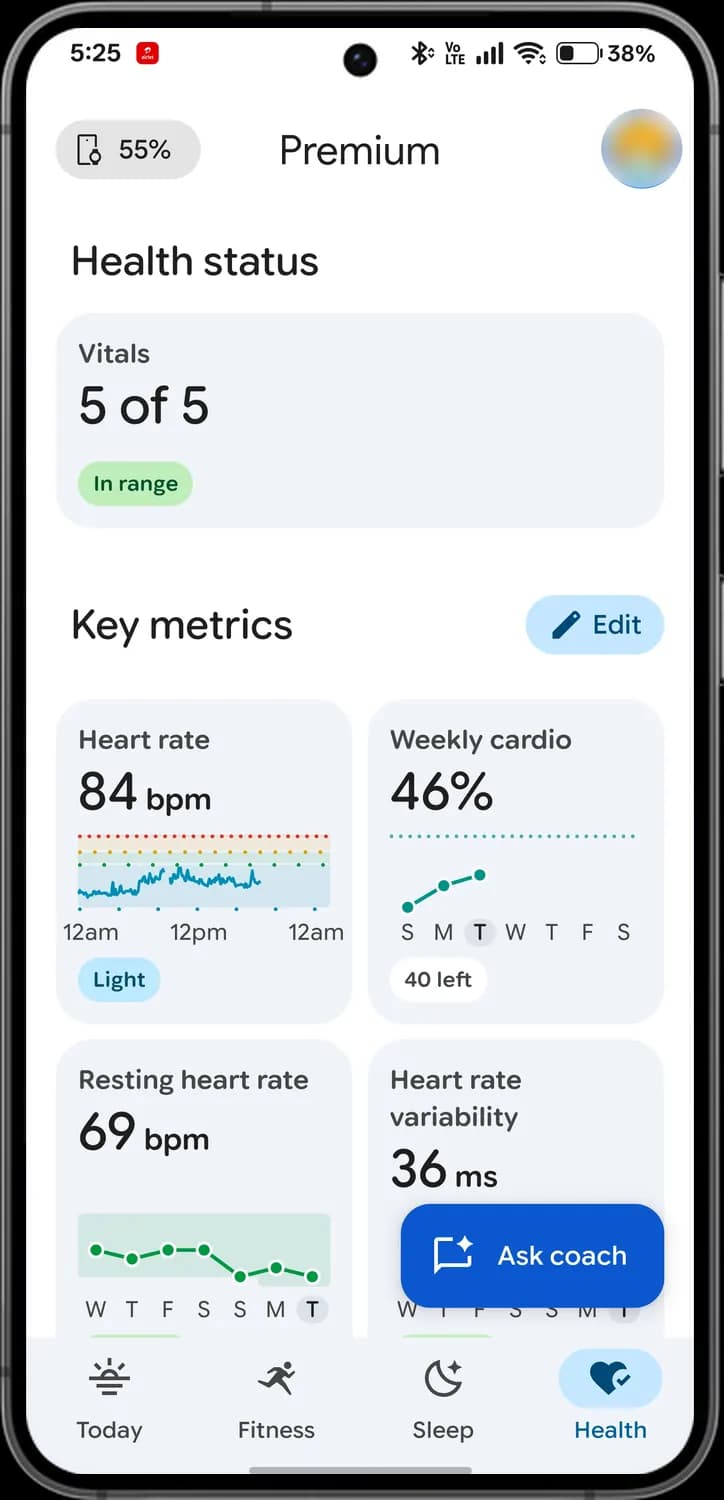 Google Health app health tab screen with each icon numbered, screen 1 of 3