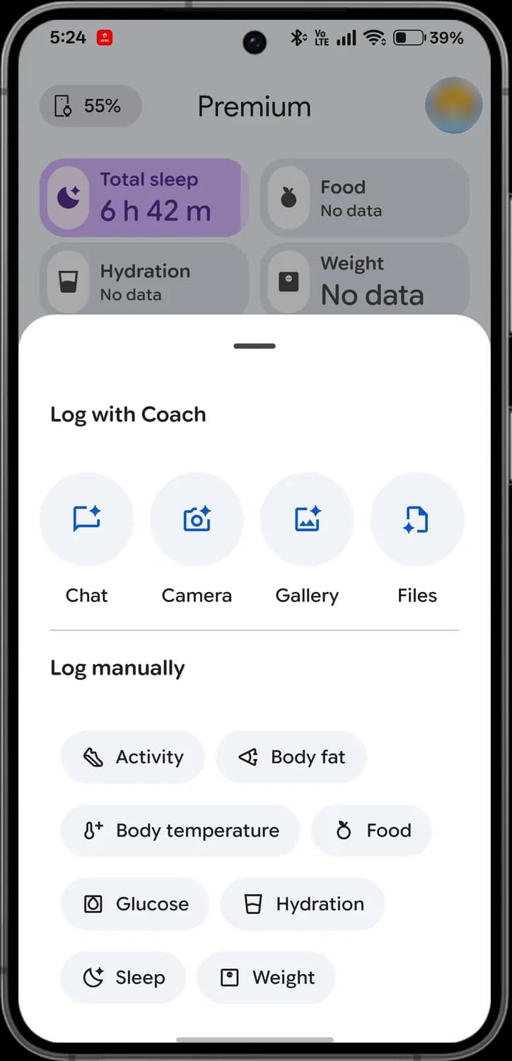 Google Health app logging screen with each icon numbered, screen 1 of 3