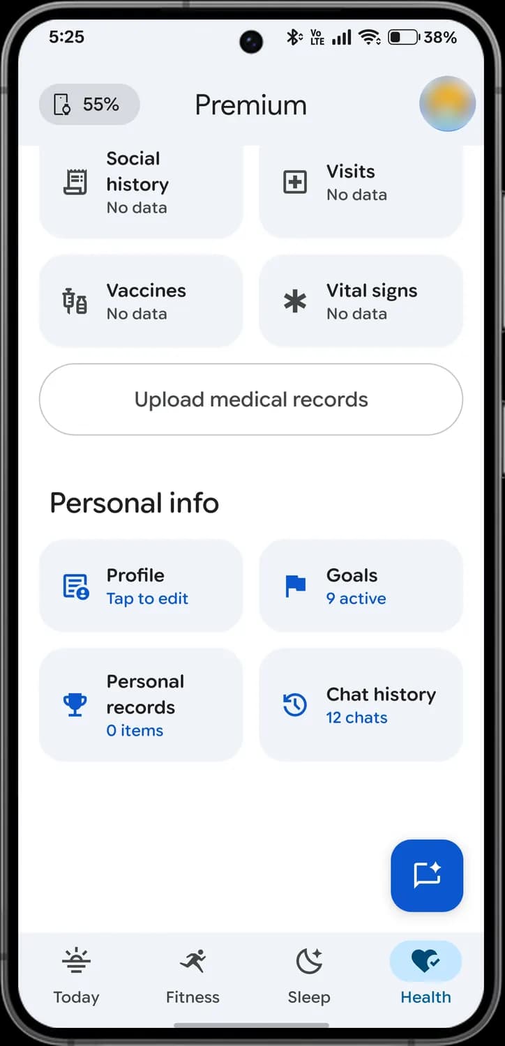Google Health app medical records and personal info screen with each icon numbered, screen 3 of 3
